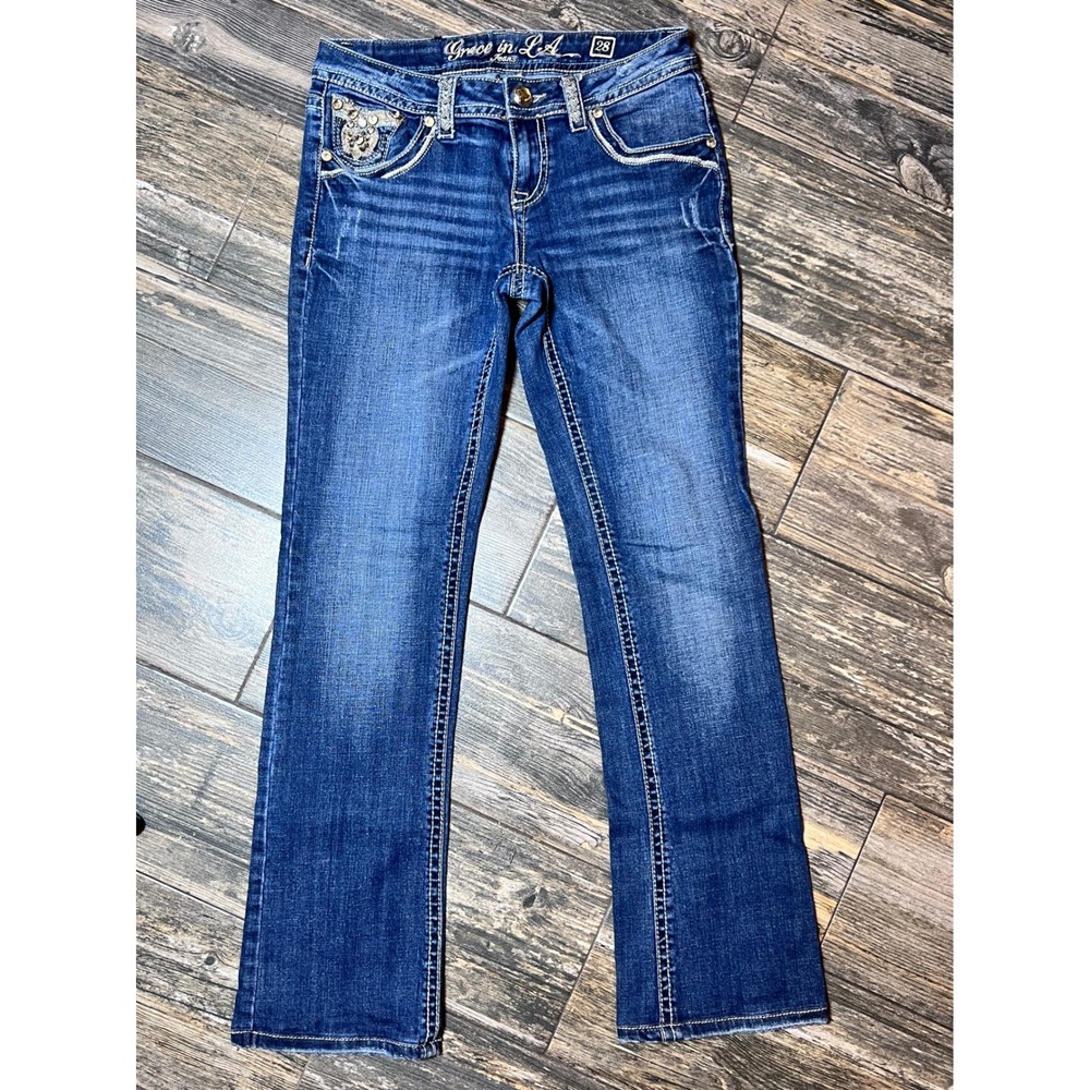 Grace in LA Embellished Bling Jeans Womens SZ 28 Blue Denim Rhinestone Rodeo Y2K